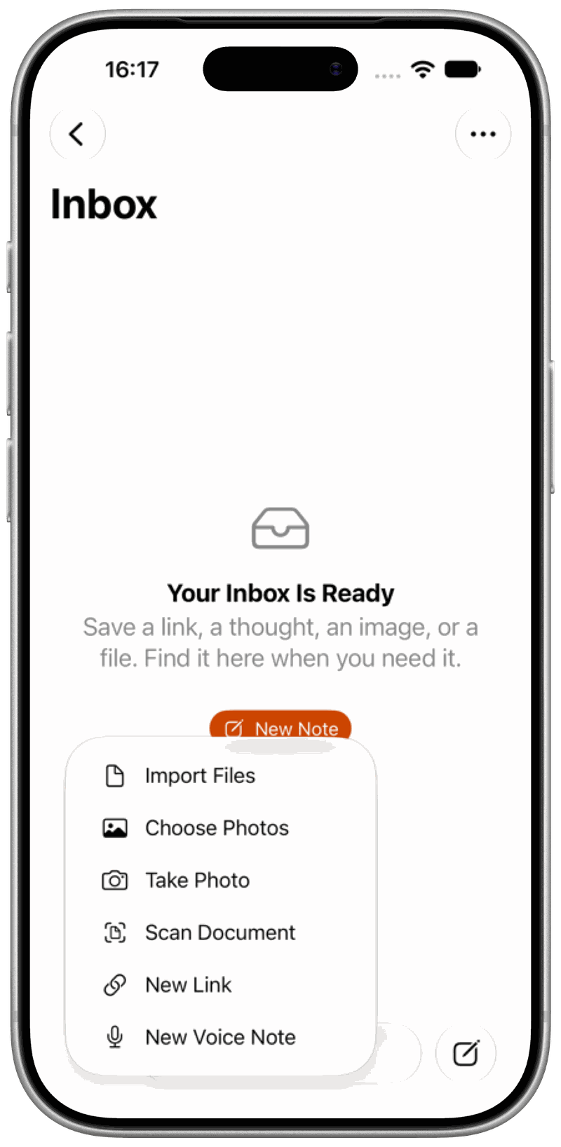 Gatherkeep’s capture menu with file, photo, camera, scanner, link, and voice-note options