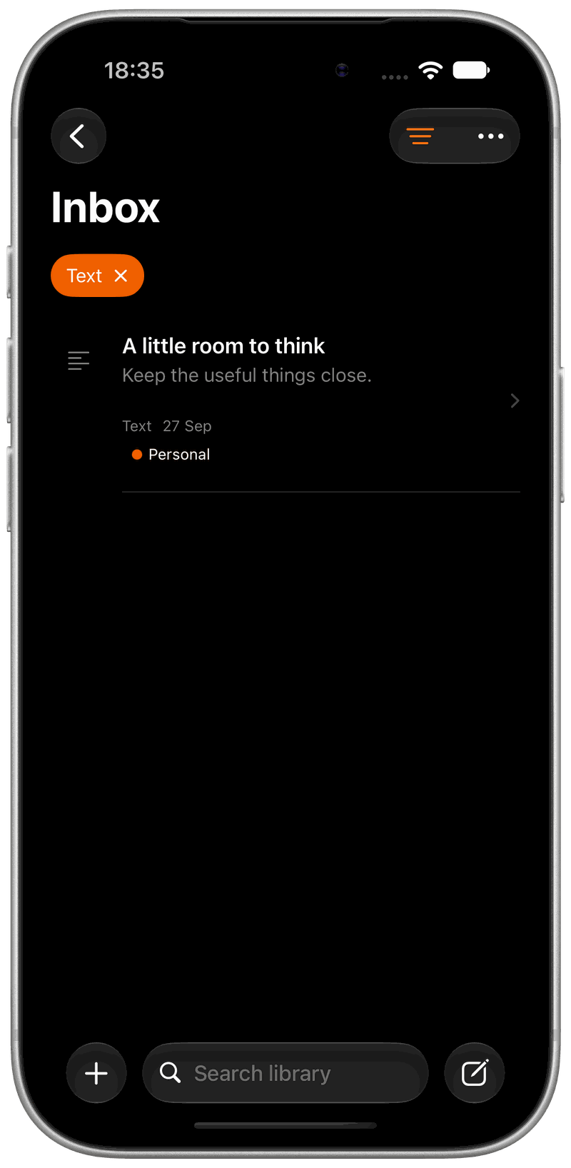 Gatherkeep library filtered to text notes