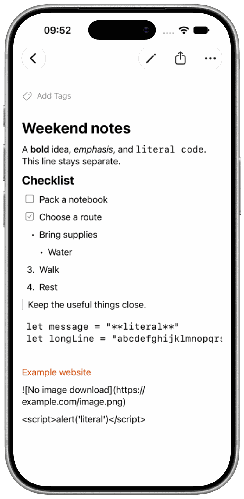 A rendered Markdown note in Gatherkeep with a heading, checklist, and list
