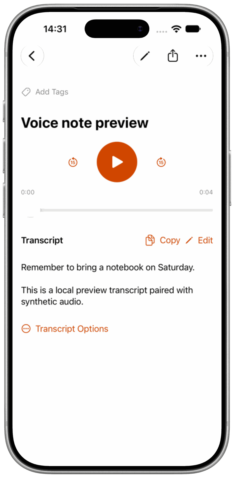 A saved voice note with playback controls and a transcript in Gatherkeep